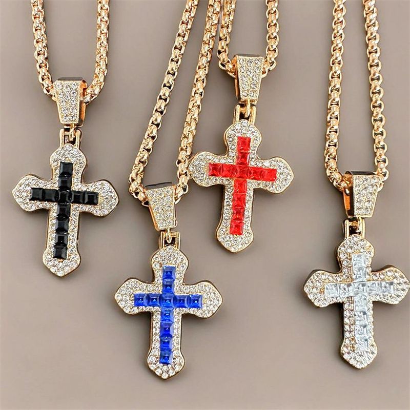 EU/US Hot Selling Men's Hip-Hop Bling Set: Iced Out Quartz Watch, Cuban Chain Bracelet, Cross Pendant Necklace & Diamond Ring | Rapper Luxury Accessories