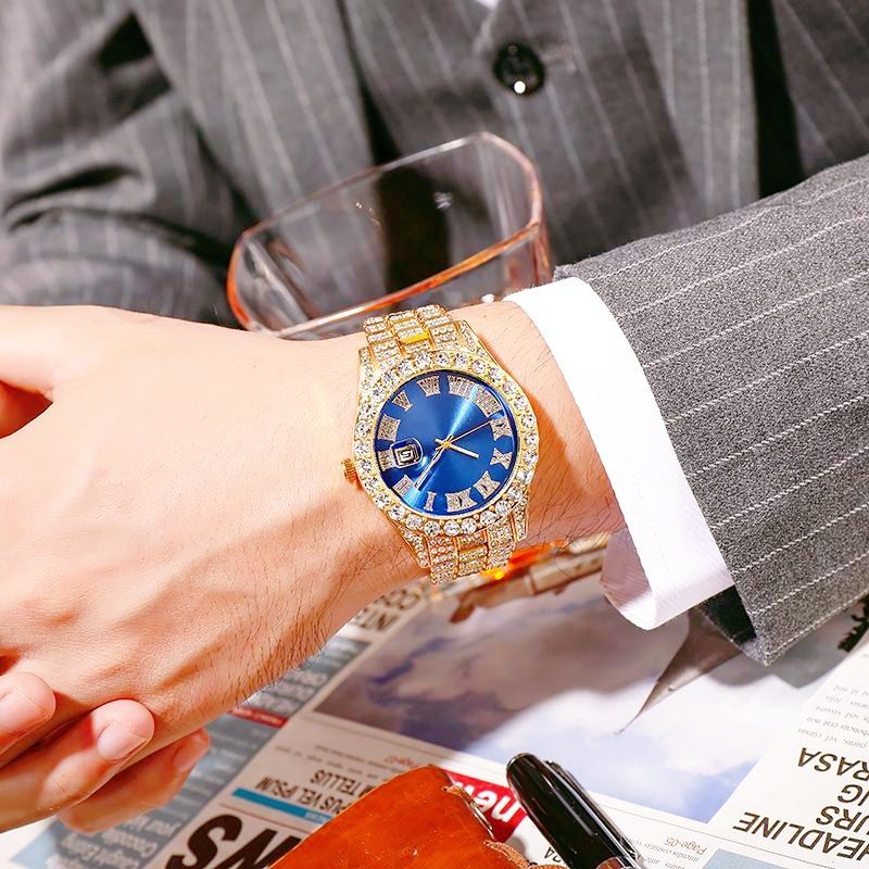EU/US Hot Selling Men's Hip-Hop Bling Set: Iced Out Quartz Watch, Cuban Chain Bracelet, Cross Pendant Necklace & Diamond Ring | Rapper Luxury Accessories