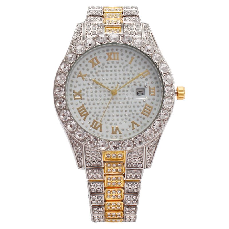 EU/US Hot Selling Men's Hip-Hop Bling Set: Iced Out Quartz Watch, Cuban Chain Bracelet, Cross Pendant Necklace & Diamond Ring | Rapper Luxury Accessories