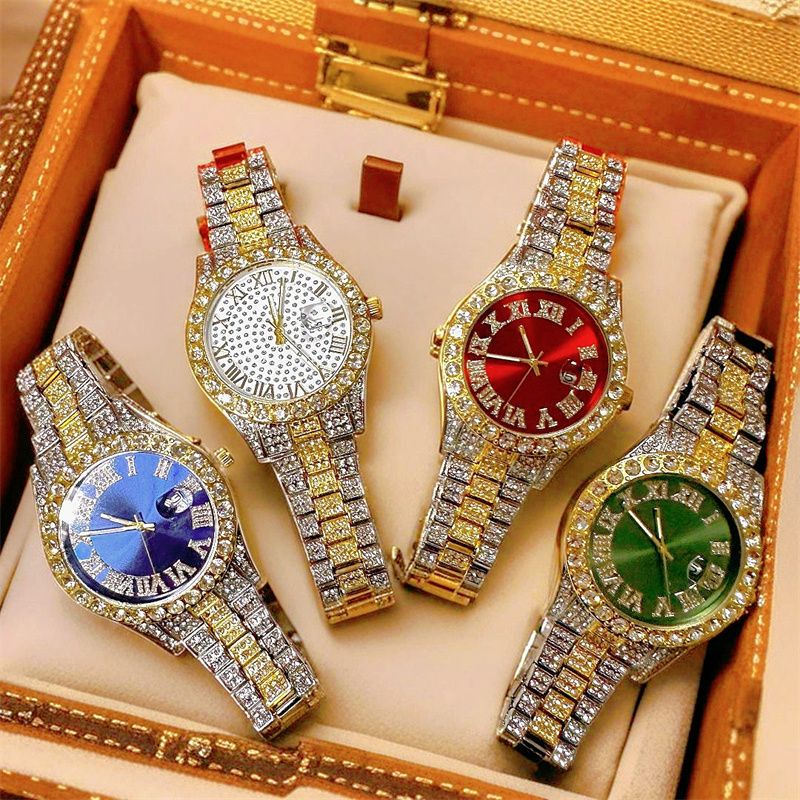 EU/US Hot Selling Men's Hip-Hop Bling Set: Iced Out Quartz Watch, Cuban Chain Bracelet, Cross Pendant Necklace & Diamond Ring | Rapper Luxury Accessories
