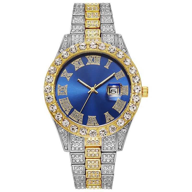 EU/US Hot Selling Men's Hip-Hop Bling Set: Iced Out Quartz Watch, Cuban Chain Bracelet, Cross Pendant Necklace & Diamond Ring | Rapper Luxury Accessories