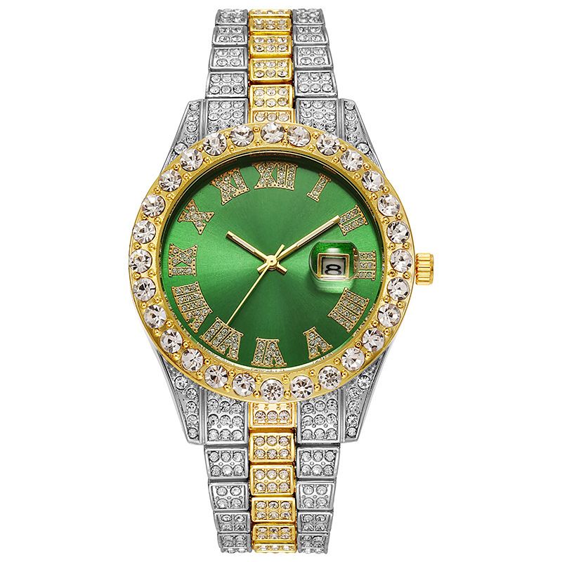 EU/US Hot Selling Men's Hip-Hop Bling Set: Iced Out Quartz Watch, Cuban Chain Bracelet, Cross Pendant Necklace & Diamond Ring | Rapper Luxury Accessories