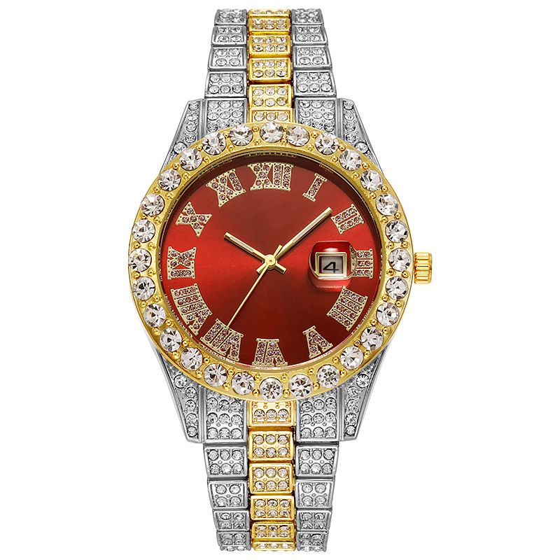 EU/US Hot Selling Men's Hip-Hop Bling Set: Iced Out Quartz Watch, Cuban Chain Bracelet, Cross Pendant Necklace & Diamond Ring | Rapper Luxury Accessories