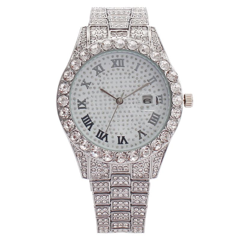 5pcs/set 2025 New Hip-Hop Unisex Jewelry Set: Diamond-Accented Quartz Ice Watch with Stackable Metal Necklace Bracelet Earrings Ring Urban Luxury for Streetwear & Nightlife Styling