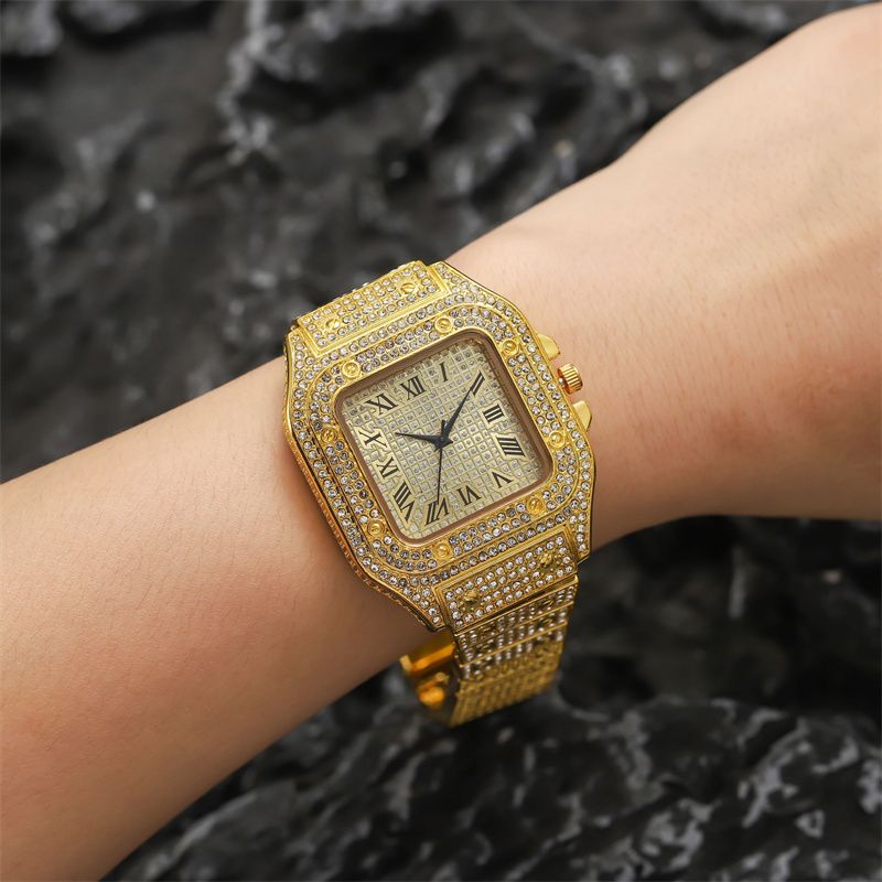 5pcs/set 2025 New Hip-Hop Unisex Jewelry Set: Diamond-Accented Quartz Ice Watch with Stackable Metal Necklace Bracelet Earrings Ring Urban Luxury for Streetwear & Nightlife Styling