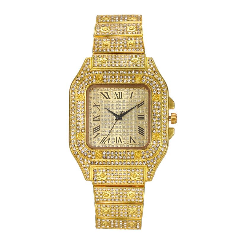 5pcs/set 2025 New Hip-Hop Unisex Jewelry Set: Diamond-Accented Quartz Ice Watch with Stackable Metal Necklace Bracelet Earrings Ring Urban Luxury for Streetwear & Nightlife Styling