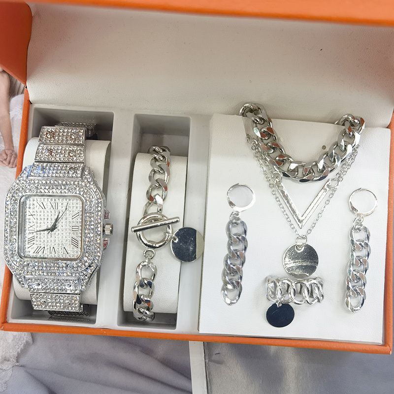 5pcs/set 2025 New Hip-Hop Unisex Jewelry Set: Diamond-Accented Quartz Ice Watch with Stackable Metal Necklace Bracelet Earrings Ring Urban Luxury for Streetwear & Nightlife Styling