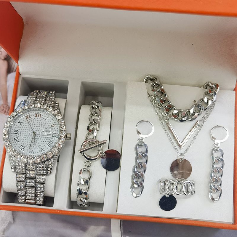 5pcs/set 2025 New Hip-Hop Unisex Jewelry Set: Diamond-Accented Quartz Ice Watch with Stackable Metal Necklace Bracelet Earrings Ring Urban Luxury for Streetwear & Nightlife Styling
