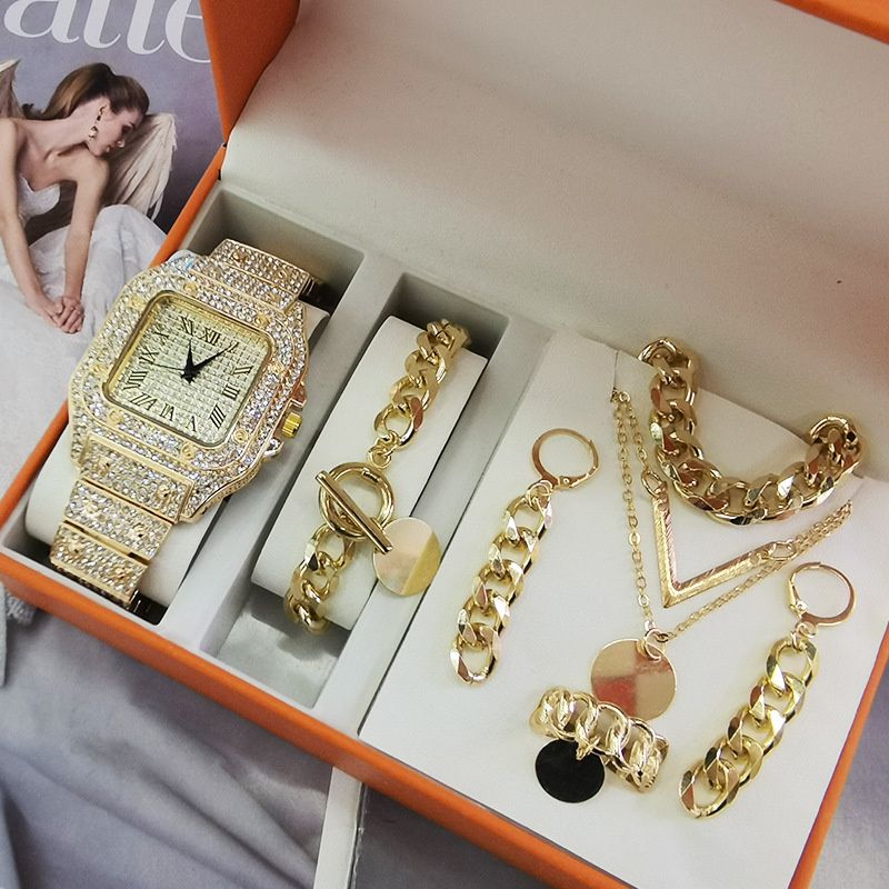 5pcs/set 2025 New Hip-Hop Unisex Jewelry Set: Diamond-Accented Quartz Ice Watch with Stackable Metal Necklace Bracelet Earrings Ring Urban Luxury for Streetwear & Nightlife Styling
