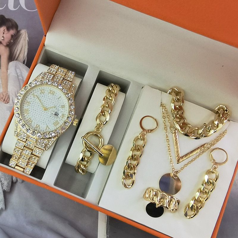 5pcs/set 2025 New Hip-Hop Unisex Jewelry Set: Diamond-Accented Quartz Ice Watch with Stackable Metal Necklace Bracelet Earrings Ring Urban Luxury for Streetwear & Nightlife Styling