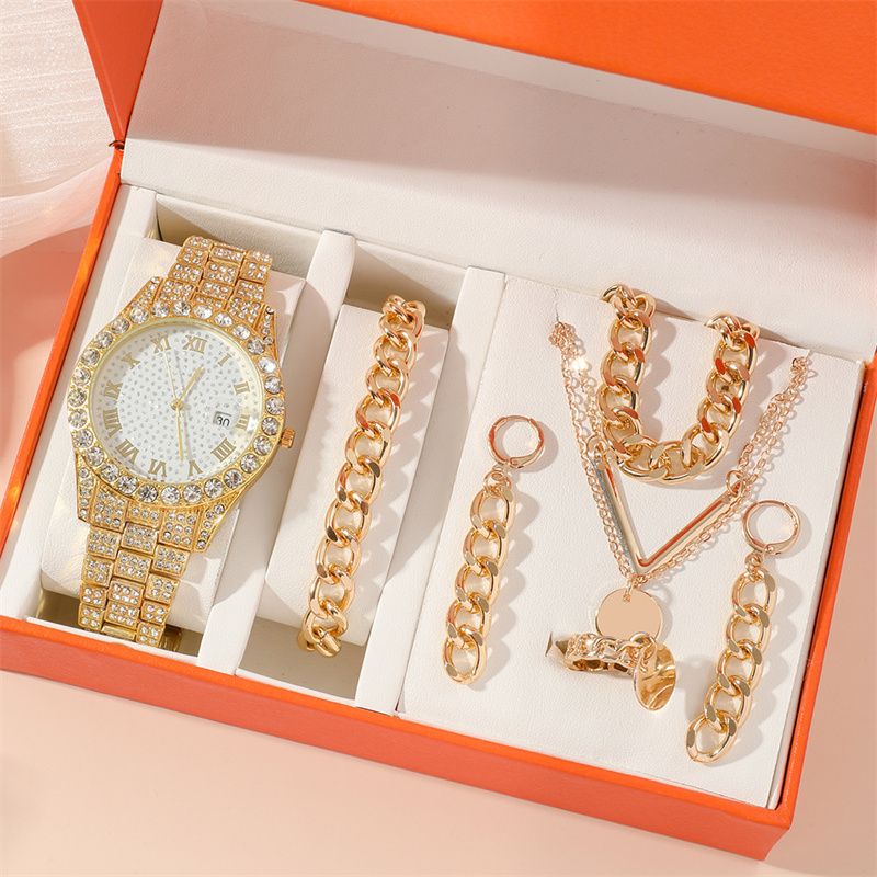 5pcs/set 2025 New Hip-Hop Unisex Jewelry Set: Diamond-Accented Quartz Ice Watch with Stackable Metal Necklace Bracelet Earrings Ring Urban Luxury for Streetwear & Nightlife Styling