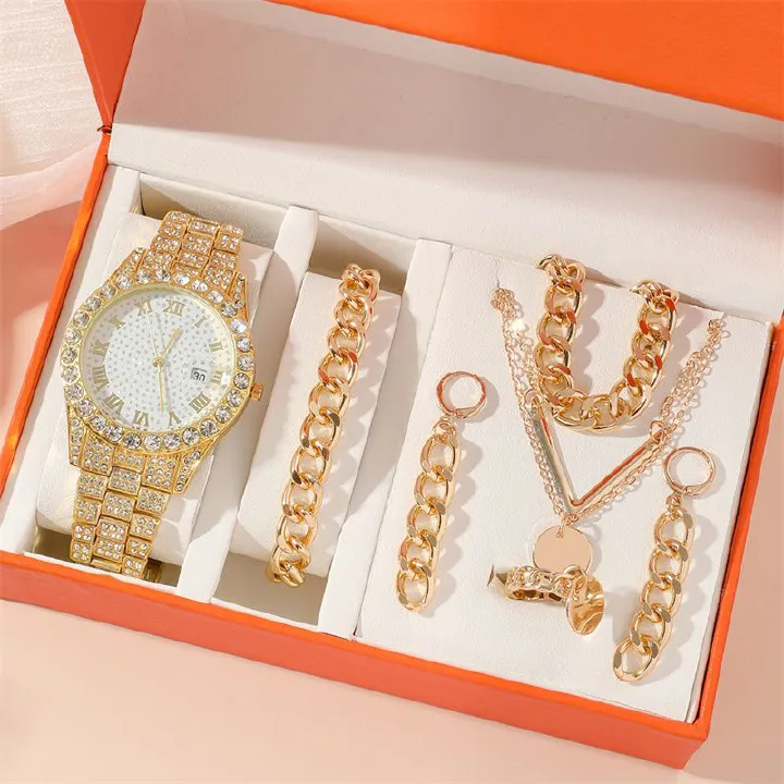 5pcs/set 2025 New Hip-Hop Unisex Jewelry Set: Diamond-Accented Quartz Ice Watch with Stackable Metal Necklace Bracelet Earrings Ring Urban Luxury for Streetwear & Nightlife Styling