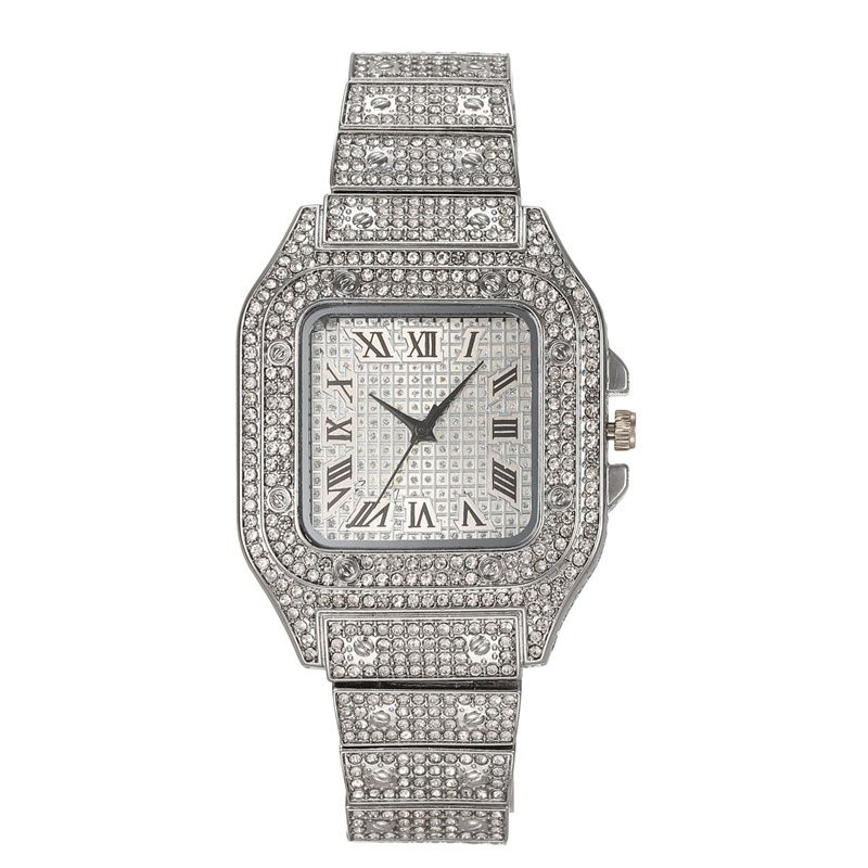 5pcs/set 2025 New Hip-Hop Unisex Jewelry Set: Diamond-Accented Quartz Ice Watch with Stackable Metal Necklace Bracelet Earrings Ring Urban Luxury for Streetwear & Nightlife Styling