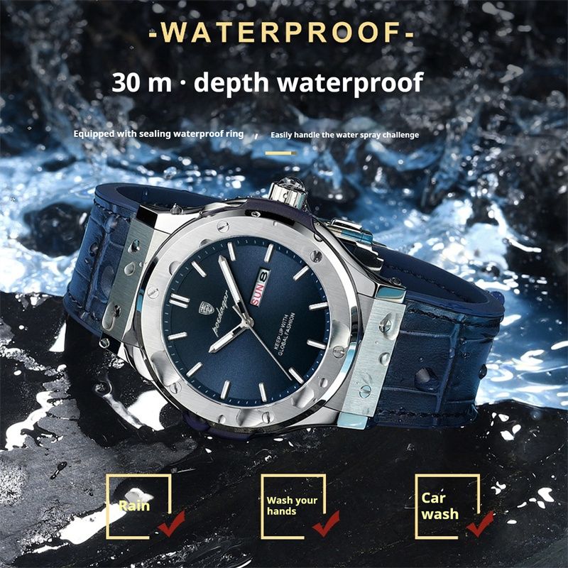 POEDAGAR Swiss Luxury Men's Quartz Watch Screw Accented Case Waterproof Luminous Dual Calendar Silicone Leather Strap Business Casual Style with Enhanced Luminous Function