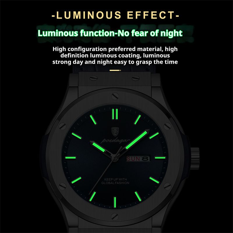 POEDAGAR Swiss Luxury Men's Quartz Watch Screw Accented Case Waterproof Luminous Dual Calendar Silicone Leather Strap Business Casual Style with Enhanced Luminous Function