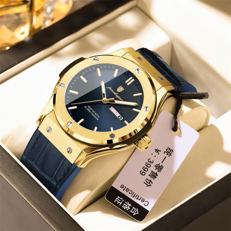 POEDAGAR Swiss Luxury Men's Quartz Watch Screw Accented Case Waterproof Luminous Dual Calendar Silicone Leather Strap Business Casual Style with Enhanced Luminous Function