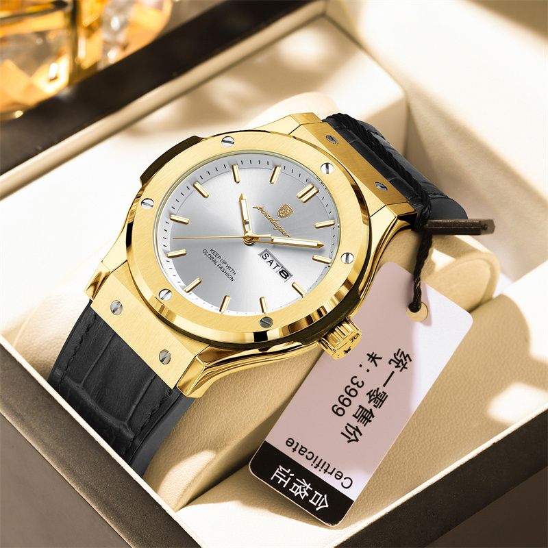 POEDAGAR Swiss Luxury Men's Quartz Watch Screw Accented Case Waterproof Luminous Dual Calendar Silicone Leather Strap Business Casual Style with Enhanced Luminous Function
