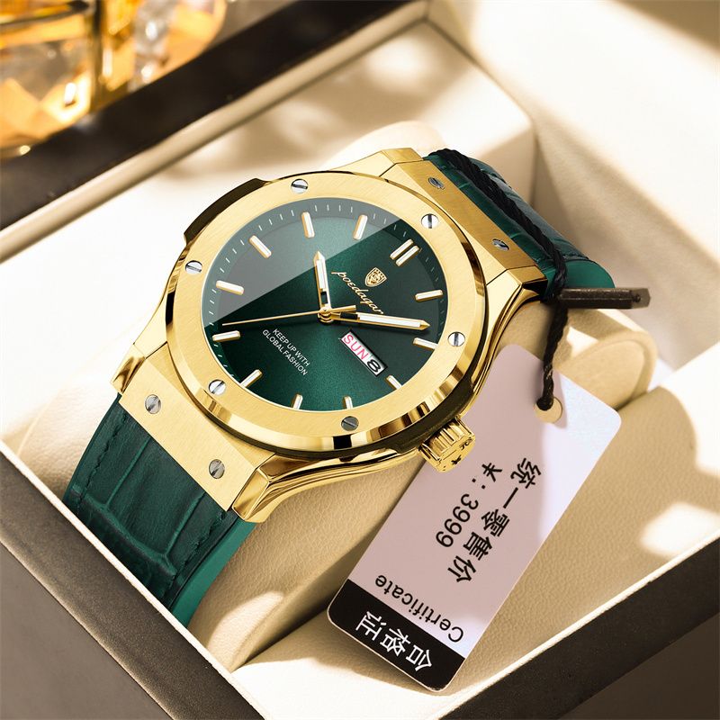 POEDAGAR Swiss Luxury Men's Quartz Watch Screw Accented Case Waterproof Luminous Dual Calendar Silicone Leather Strap Business Casual Style with Enhanced Luminous Function