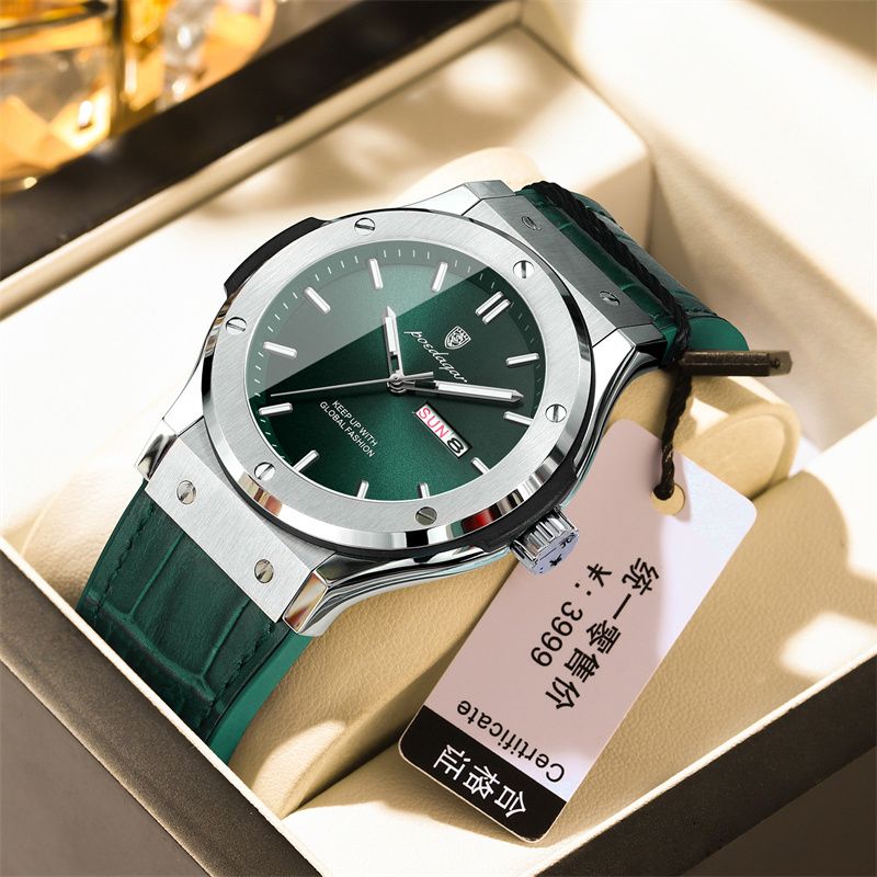 POEDAGAR Swiss Luxury Men's Quartz Watch Screw Accented Case Waterproof Luminous Dual Calendar Silicone Leather Strap Business Casual Style with Enhanced Luminous Function