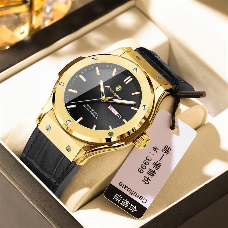 POEDAGAR Swiss Luxury Men's Quartz Watch Screw Accented Case Waterproof Luminous Dual Calendar Silicone Leather Strap Business Casual Style with Enhanced Luminous Function