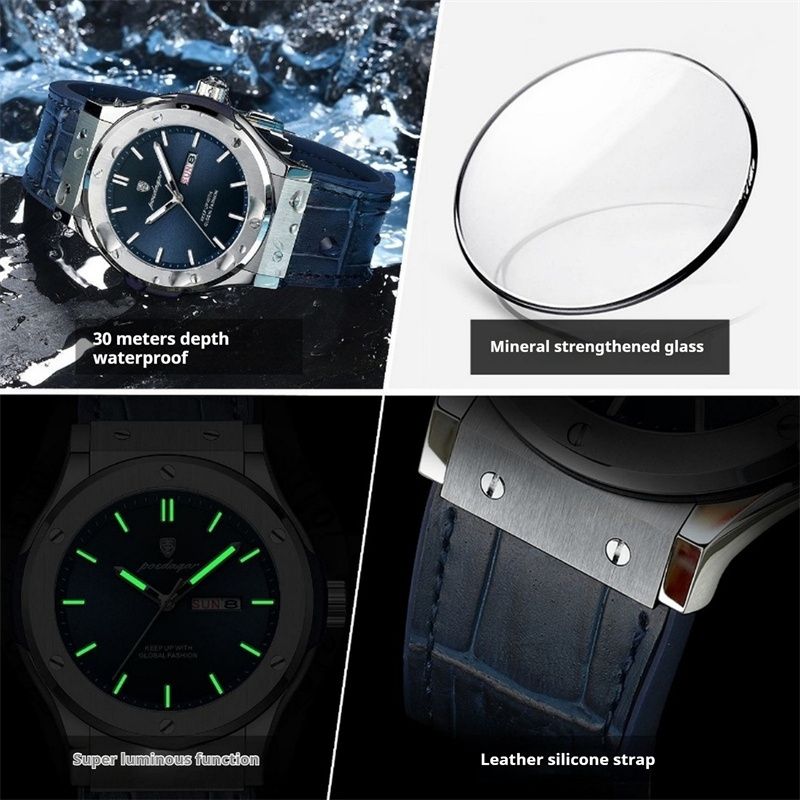 POEDAGAR Swiss Luxury Men's Quartz Watch Screw Accented Case Waterproof Luminous Dual Calendar Silicone Leather Strap Business Casual Style with Enhanced Luminous Function