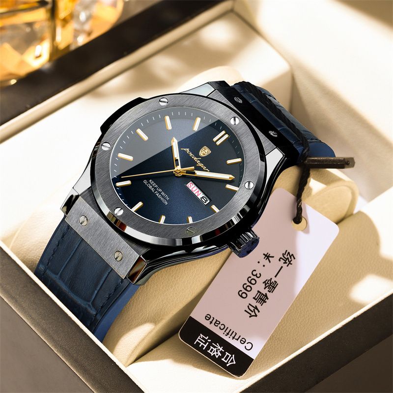 POEDAGAR Swiss Luxury Men's Quartz Watch Screw Accented Case Waterproof Luminous Dual Calendar Silicone Leather Strap Business Casual Style with Enhanced Luminous Function
