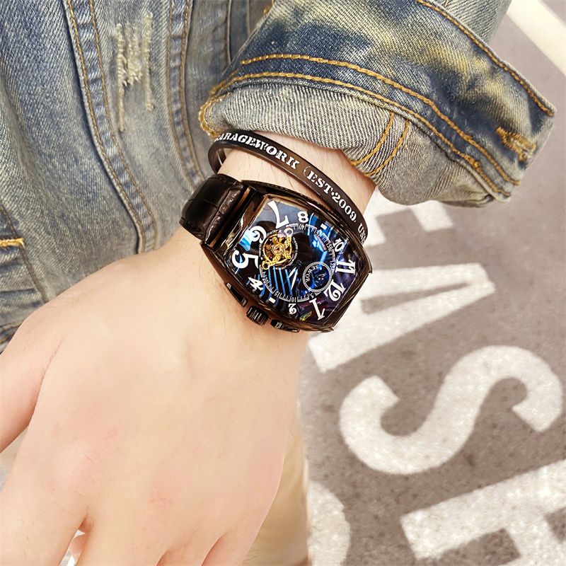 Nordic Barrel Automatic Tourbillon Skeleton Watch for Men – Luxury Business Mechanical Timepiece with Genuine Leather Strap, 30M Waterproof & Luminous Chronograph
