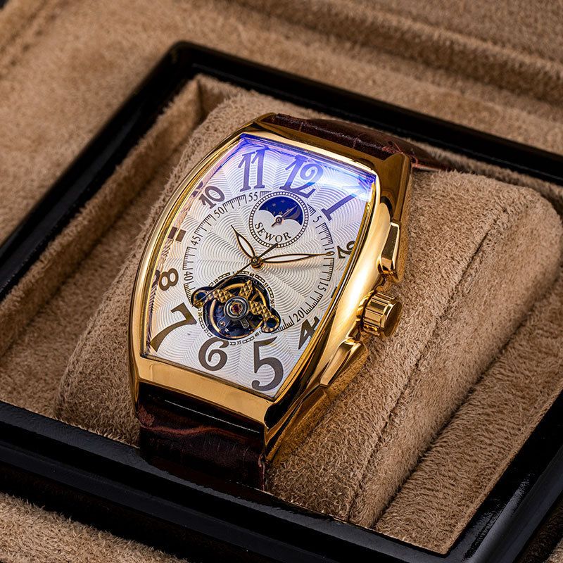 Nordic Barrel Automatic Tourbillon Skeleton Watch for Men – Luxury Business Mechanical Timepiece with Genuine Leather Strap, 30M Waterproof & Luminous Chronograph