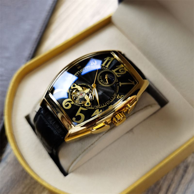 Nordic Barrel Automatic Tourbillon Skeleton Watch for Men – Luxury Business Mechanical Timepiece with Genuine Leather Strap, 30M Waterproof & Luminous Chronograph