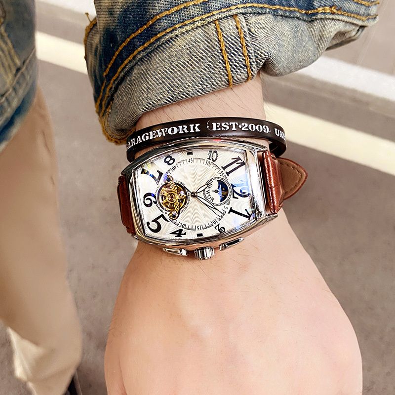 Nordic Barrel Automatic Tourbillon Skeleton Watch for Men – Luxury Business Mechanical Timepiece with Genuine Leather Strap, 30M Waterproof & Luminous Chronograph