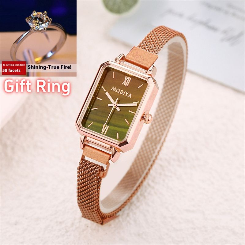 New Stylish Women's Quartz Watch Set INS Style Small Square Peacock Green Dial Roman Numerals Milanese Strap + 58-Facet Shining Diamond-Like Gift Ring Exquisite Casual Elegant Accessory