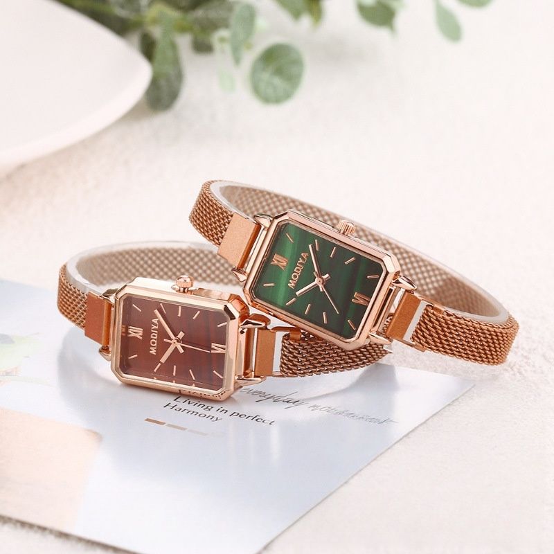 New Stylish Women's Quartz Watch Set INS Style Small Square Peacock Green Dial Roman Numerals Milanese Strap + 58-Facet Shining Diamond-Like Gift Ring Exquisite Casual Elegant Accessory