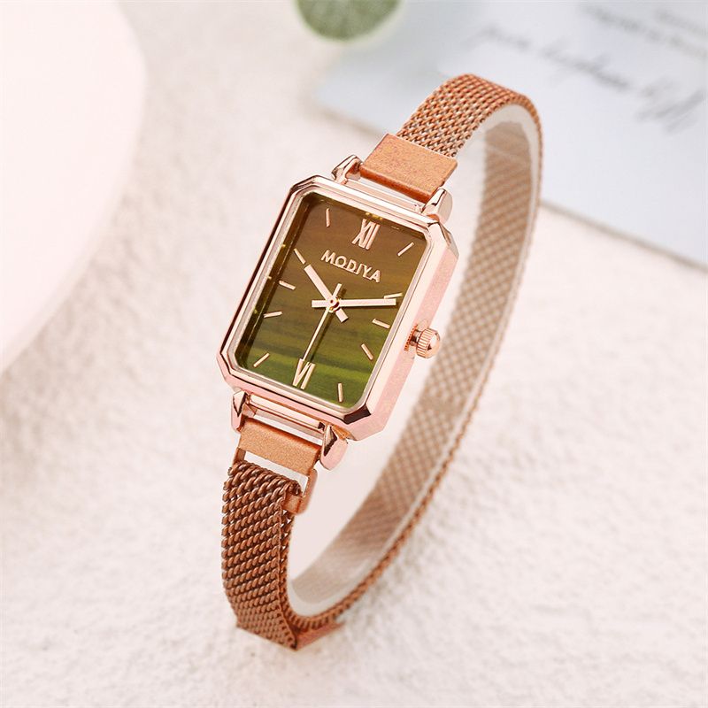 New Stylish Women's Quartz Watch Set INS Style Small Square Peacock Green Dial Roman Numerals Milanese Strap + 58-Facet Shining Diamond-Like Gift Ring Exquisite Casual Elegant Accessory