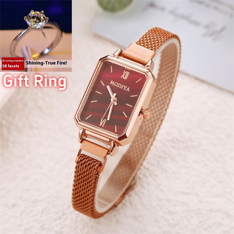 New Stylish Women's Quartz Watch Set INS Style Small Square Peacock Green Dial Roman Numerals Milanese Strap + 58-Facet Shining Diamond-Like Gift Ring Exquisite Casual Elegant Accessory