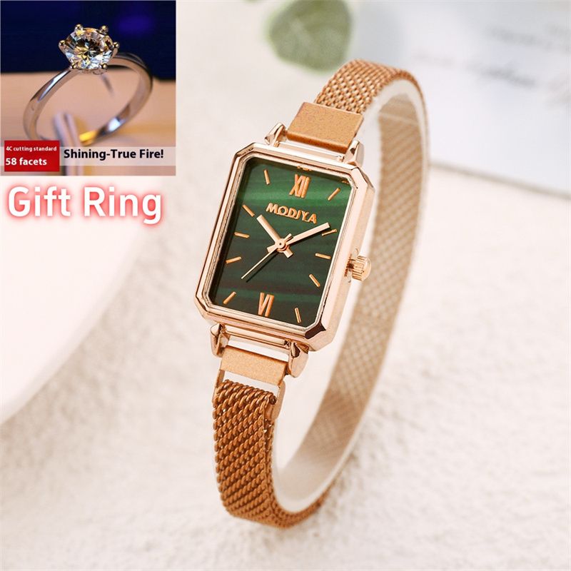 New Stylish Women's Quartz Watch Set INS Style Small Square Peacock Green Dial Roman Numerals Milanese Strap + 58-Facet Shining Diamond-Like Gift Ring Exquisite Casual Elegant Accessory