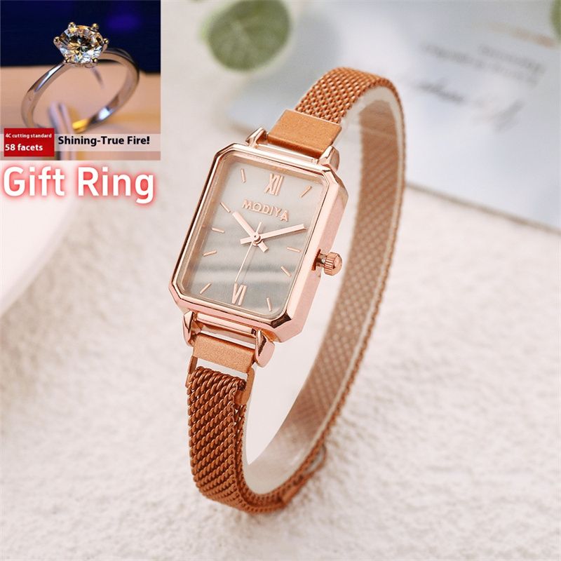 New Stylish Women's Quartz Watch Set INS Style Small Square Peacock Green Dial Roman Numerals Milanese Strap + 58-Facet Shining Diamond-Like Gift Ring Exquisite Casual Elegant Accessory