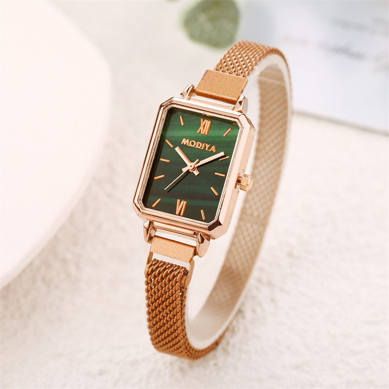 New Stylish Women's Quartz Watch Set INS Style Small Square Peacock Green Dial Roman Numerals Milanese Strap + 58-Facet Shining Diamond-Like Gift Ring Exquisite Casual Elegant Accessory