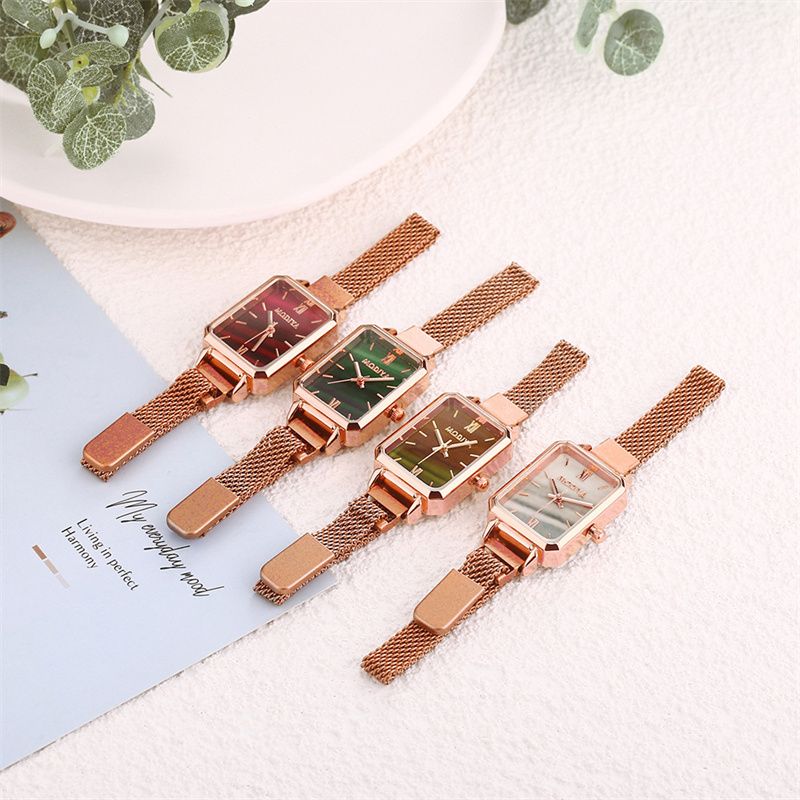 New Stylish Women's Quartz Watch Set INS Style Small Square Peacock Green Dial Roman Numerals Milanese Strap + 58-Facet Shining Diamond-Like Gift Ring Exquisite Casual Elegant Accessory