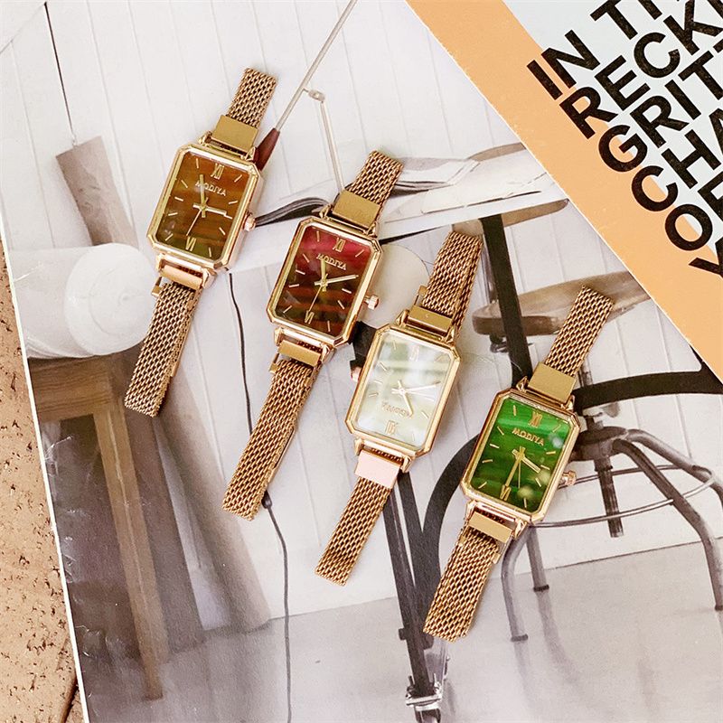 New Stylish Women's Quartz Watch Set INS Style Small Square Peacock Green Dial Roman Numerals Milanese Strap + 58-Facet Shining Diamond-Like Gift Ring Exquisite Casual Elegant Accessory