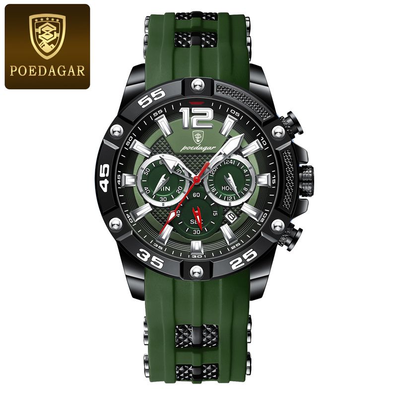 POEDAGAR Swiss Men's Chronograph Watches - Waterproof Silicone Strap with Date Window & Triple Sub-Dials, Sporty Black Case Quartz Watch