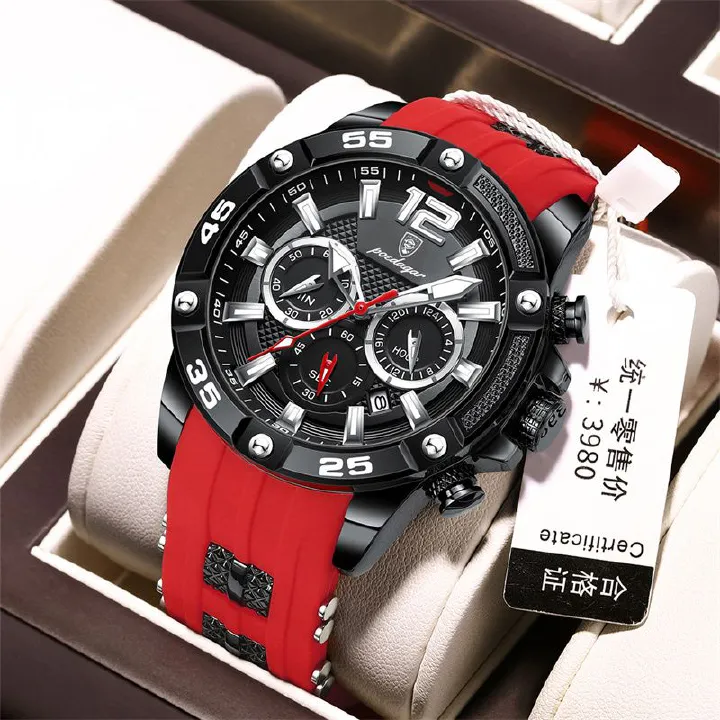 POEDAGAR Swiss Men's Chronograph Watches - Waterproof Silicone Strap with Date Window & Triple Sub-Dials, Sporty Black Case Quartz Watch