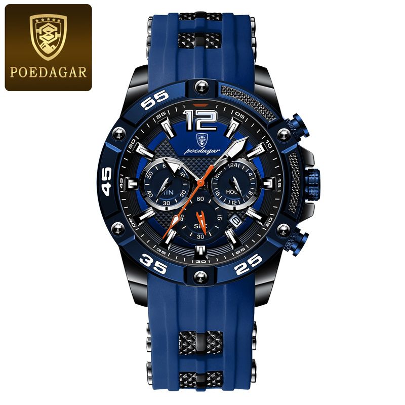 POEDAGAR Swiss Men's Chronograph Watches - Waterproof Silicone Strap with Date Window & Triple Sub-Dials, Sporty Black Case Quartz Watch