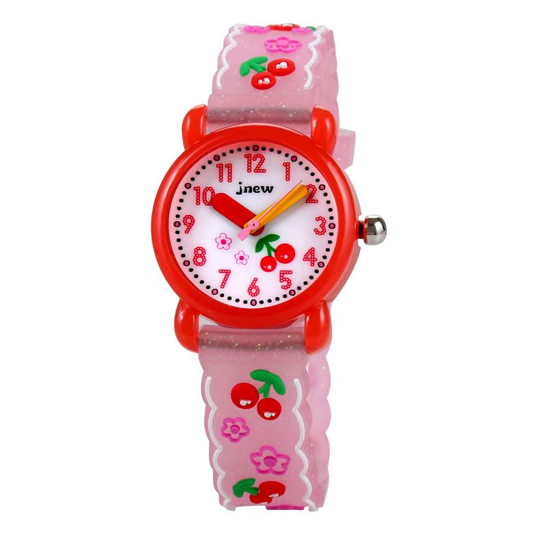 JNEW 3D Butterfly Silicone Kids Watch - Waterproof Cartoon Girls Wristwatch with Cherry Floral Dial & Glitter Strap, Cute Quartz Watch for Children