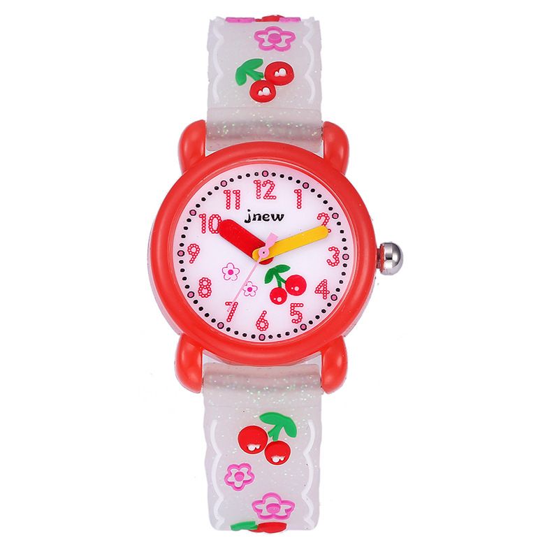 JNEW 3D Butterfly Silicone Kids Watch - Waterproof Cartoon Girls Wristwatch with Cherry Floral Dial & Glitter Strap, Cute Quartz Watch for Children