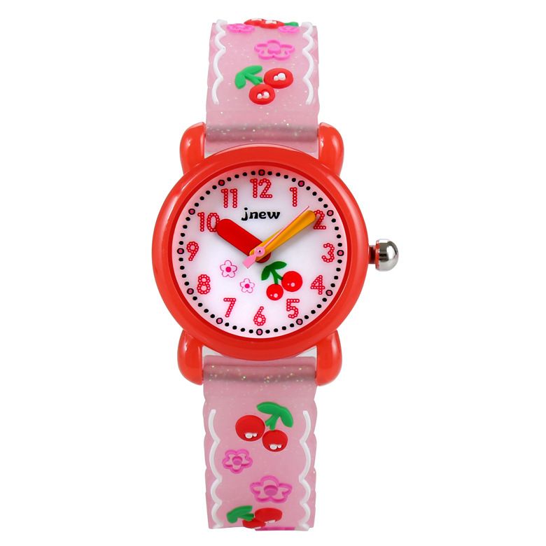 JNEW 3D Butterfly Silicone Kids Watch - Waterproof Cartoon Girls Wristwatch with Cherry Floral Dial & Glitter Strap, Cute Quartz Watch for Children