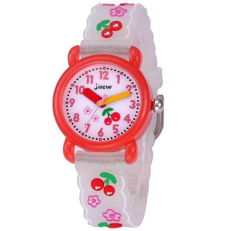 JNEW 3D Butterfly Silicone Kids Watch - Waterproof Cartoon Girls Wristwatch with Cherry Floral Dial & Glitter Strap, Cute Quartz Watch for Children