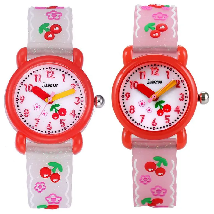 JNEW 3D Butterfly Silicone Kids Watch - Waterproof Cartoon Girls Wristwatch with Cherry Floral Dial & Glitter Strap, Cute Quartz Watch for Children
