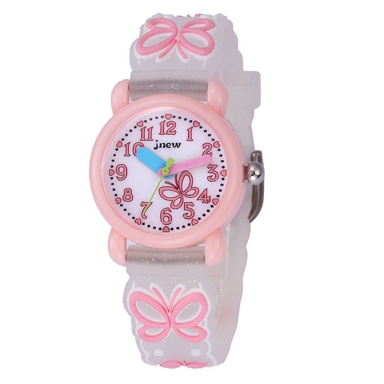 JNEW 3D Butterfly Silicone Kids Watch - Waterproof Cartoon Girls Wristwatch with Cherry Floral Dial & Glitter Strap, Cute Quartz Watch for Children