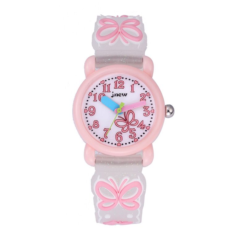 JNEW 3D Butterfly Silicone Kids Watch - Waterproof Cartoon Girls Wristwatch with Cherry Floral Dial & Glitter Strap, Cute Quartz Watch for Children