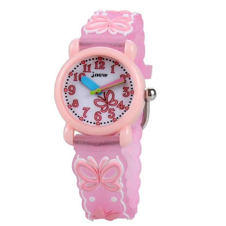 JNEW 3D Butterfly Silicone Kids Watch - Waterproof Cartoon Girls Wristwatch with Cherry Floral Dial & Glitter Strap, Cute Quartz Watch for Children